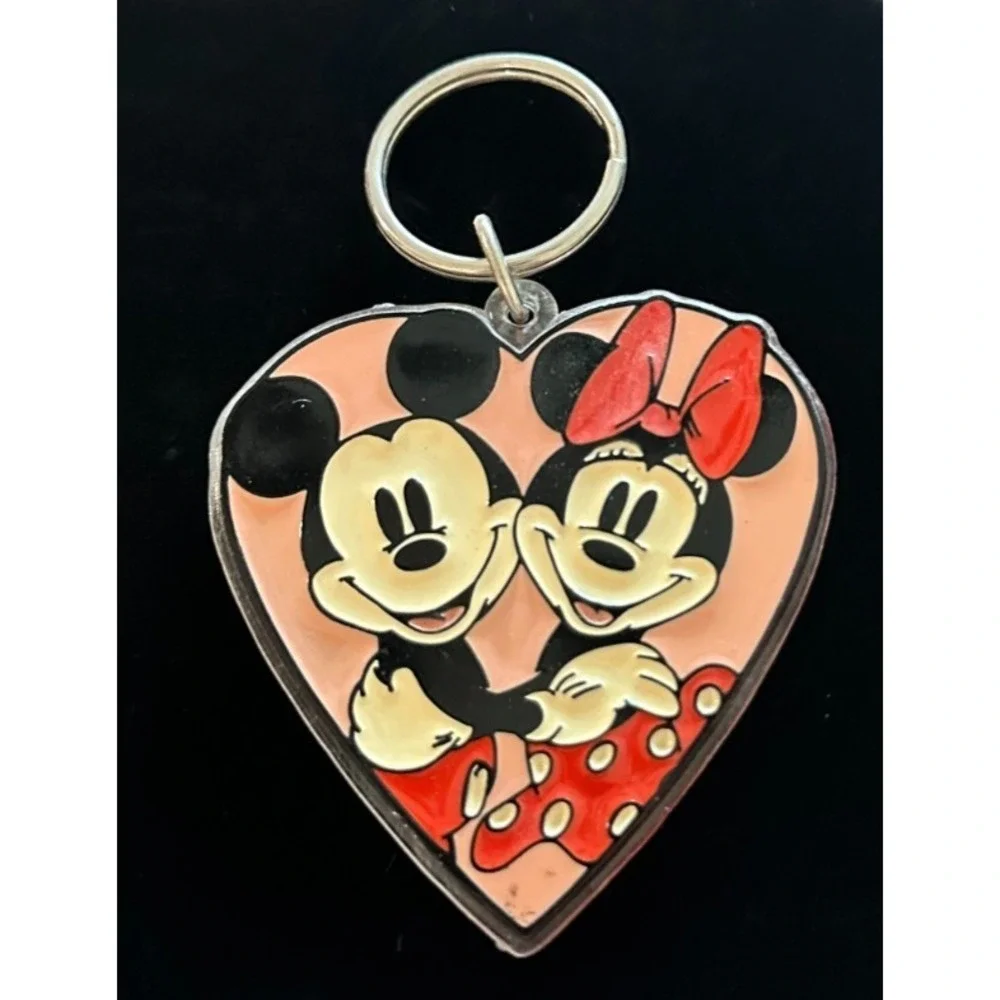 Vintage Disney Mickey Minnie Mouse Pink Love Heart Shaped‎ Acrylic Keychain